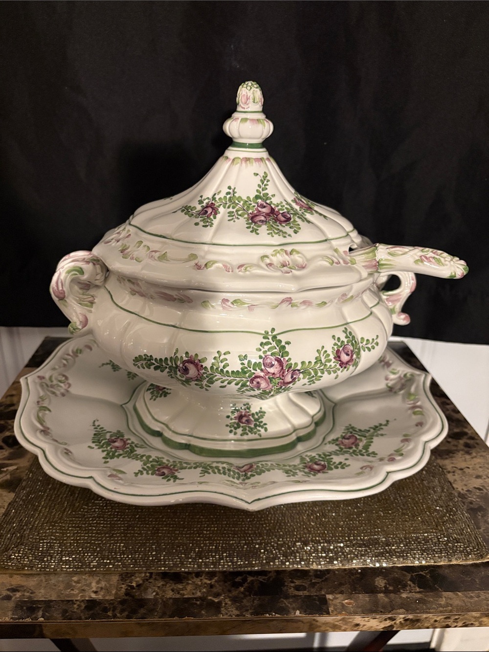 Vintage Italian Floral Covered Soup Tureen in White with Pink Roses. 4 Piece Set